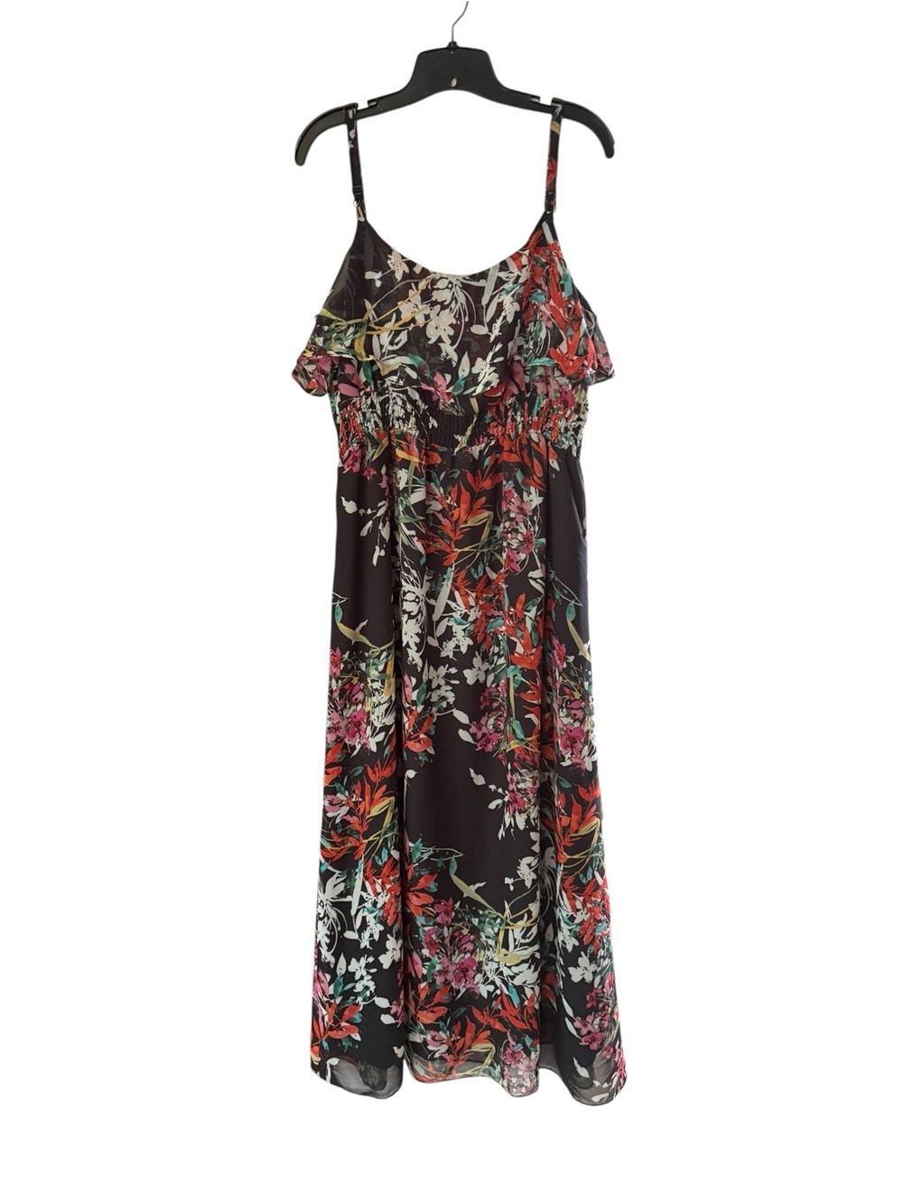 Black Floral Smocked Chiffon Tiered Boho Maxi Dress Ruffle Size Large - Picture 4 of 15